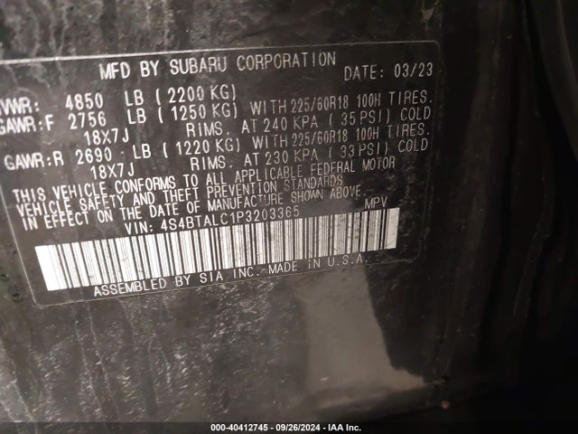 Subaru Outback Onyx Edition 2023 4S4BTALC1P3203365 Image 9