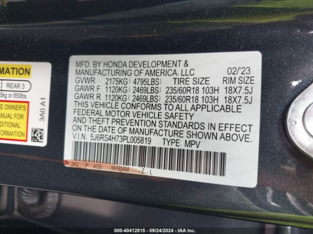 5J6RS4H73PL005819 Honda Cr-v Ex-l Awd