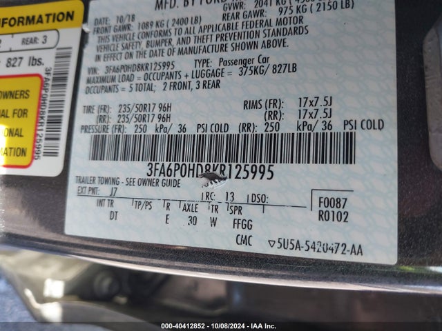 Ford FUSION SE 2019 3FA6P0HD8KR125995 Image 9
