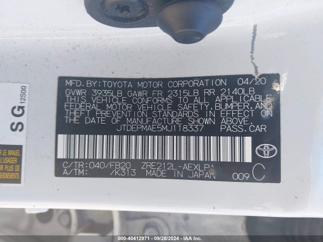 Toyota COROLLA LE 2021 JTDEPMAE5MJ118337 Image 9