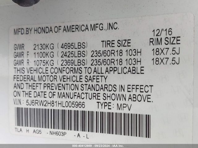 5J6RW2H81HL005966 Honda Cr-v Ex-l/ex-l Navi