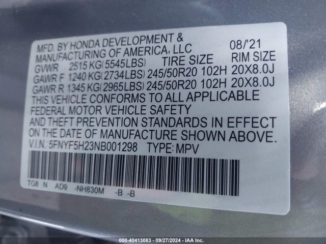 Honda Pilot 2wd Special Edition 2022 5FNYF5H23NB001298 Image 9