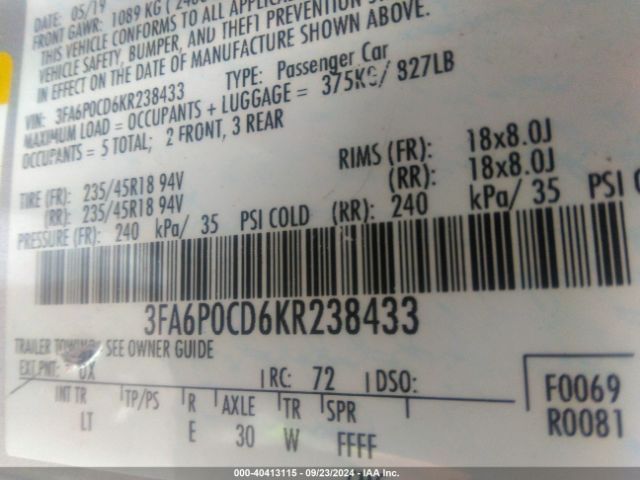 3FA6P0CD6KR238433 Ford FUSION SEL