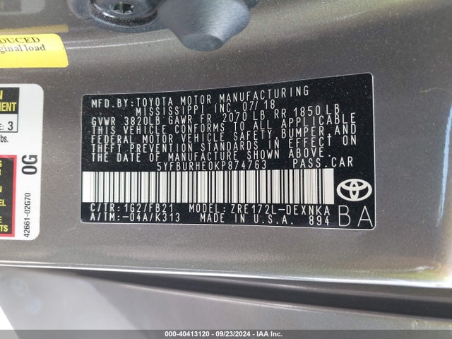 Toyota COROLLA LE 2019 5YFBURHE0KP874763 Image 9