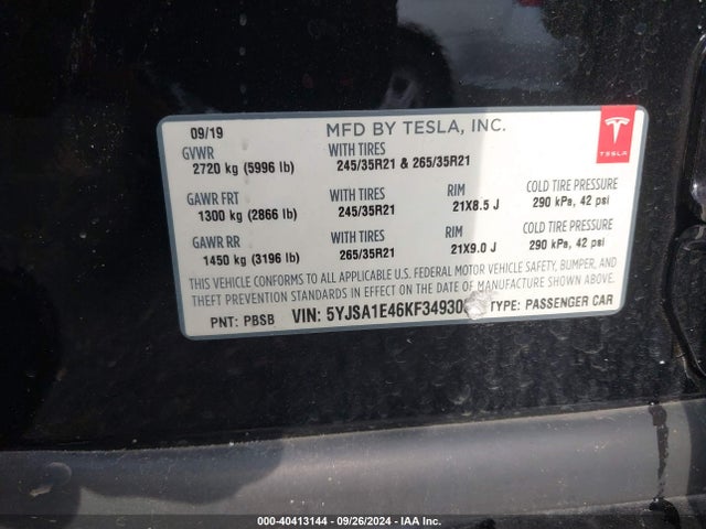 2019 TESLA MODEL S 5YJSA1E46KF349305 Photo 8