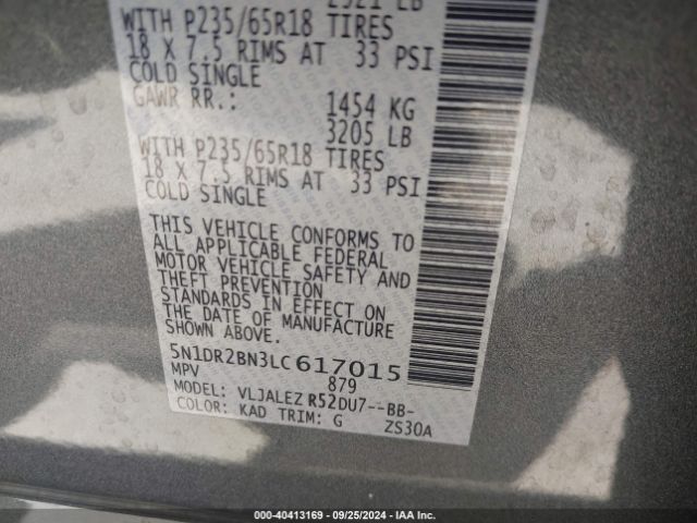 5N1DR2BN3LC617015 Nissan Pathfinder Sv 2wd