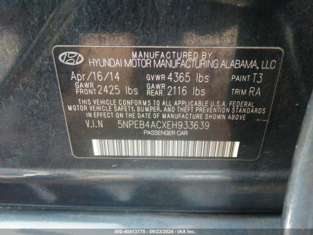 5NPEB4ACXEH933639 Hyundai SONATA GLS