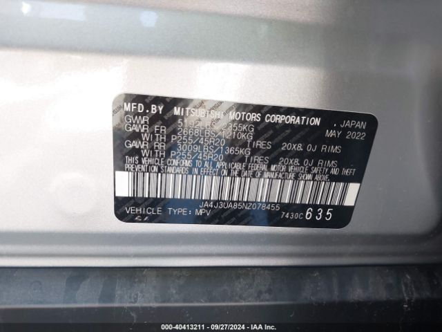 JA4J3UA85NZ078455 Mitsubishi Outlander Black Edition 2wd/se 2.5 2wd/se Launch Edition 2wd