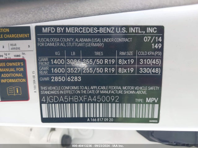 4JGDA5HBXFA450092 Mercedes-Benz Ml 350 4matic