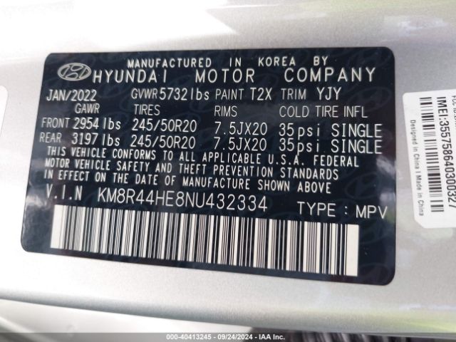 KM8R44HE8NU432334 Hyundai Palisade Sel
