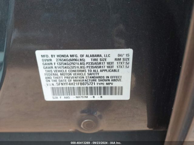 5FNYF4H21FB075721 Honda PILOT LX