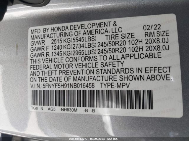 5FNYF5H91NB016458 Honda Pilot 2wd Touring 8 Passenger