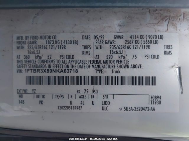 1FTBR3X89NKA63718 Ford Transit-250 Cargo Van