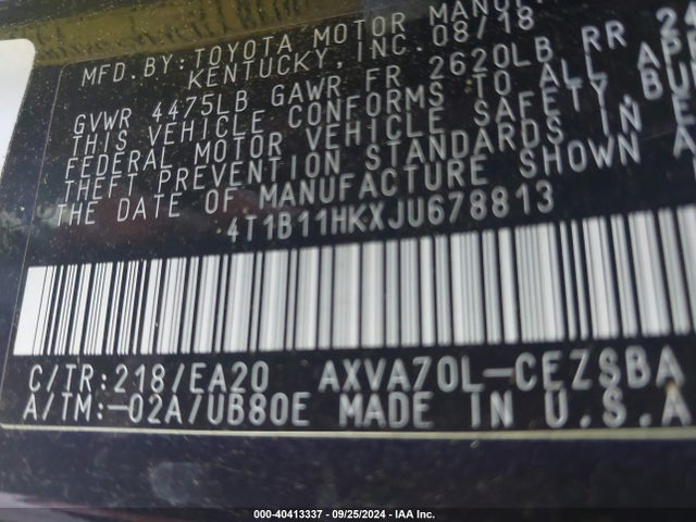 Toyota CAMRY SE 2018 4T1B11HKXJU678813 Image 9