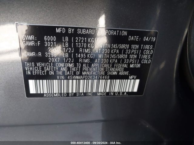 4S4WMAPD2K3476468 Subaru Ascent Limited