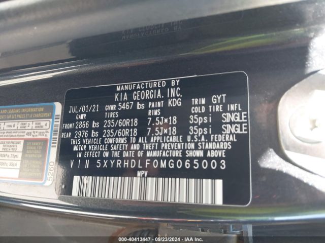 5XYRHDLF0MG065003 KIA SORENTO EX