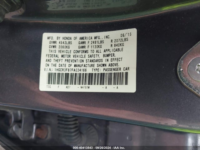 Honda Accord Ex-l V-6 2015 1HGCR3F87FA034166 Image 9