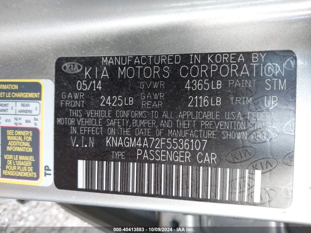 KIA Optima Lx 2015 KNAGM4A72F5536107 Image 9