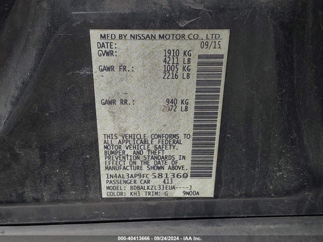 Nissan Altima 2.5 Sv 2015 1N4AL3AP9FC581360 Image 9