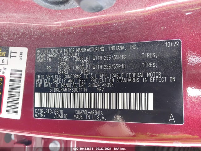 Toyota Highlander Xle 2023 5TDKDRAH1PS001414 Image 9