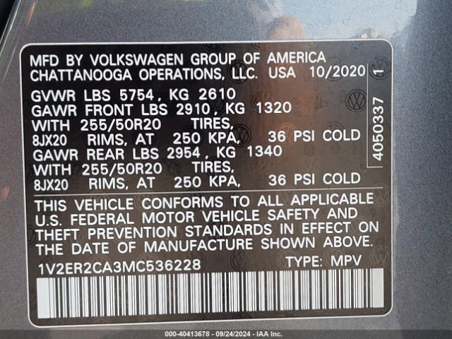 1V2ER2CA3MC536228 Volkswagen Atlas 3.6l V6 Sel