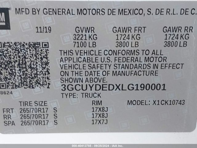 3GCUYDEDXLG190001 Chevrolet Silverado 1500 4wd  Standard Bed Lt