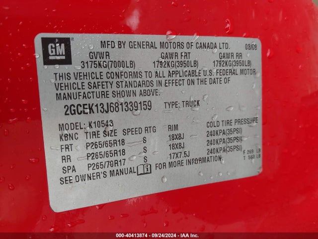 Продажа на аукционе авто 2008 Chevrolet Silverado 1500 Lt1, vin: 2GCEK13J681339159, номер лота: 40413874