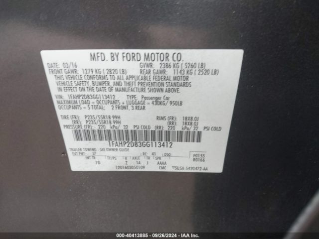 1FAHP2D83GG113412 Ford TAURUS SE