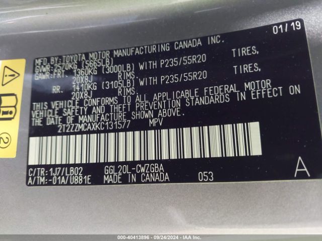2T2ZZMCAXKC131577 Lexus RX 350