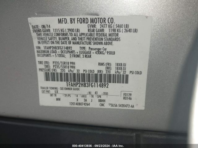 1FAHP2H83FG114892 Ford TAURUS SEL