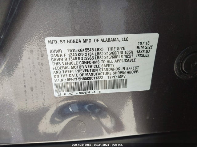 Honda Pilot Ex-l 2019 5FNYF5H55KB011322 Image 9