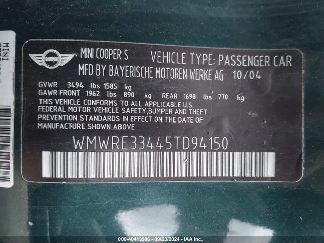 2005 MINI COOPER S WMWRE33445TD94150 Photo 8