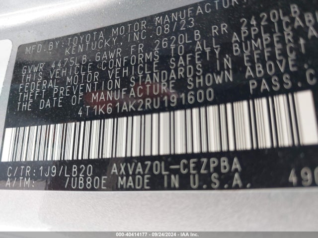 Toyota CAMRY XSE 2024 4T1K61AK2RU191600 Image 9