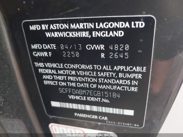 SCFFDABM7EGB15184 Aston Martin Db9 Volante