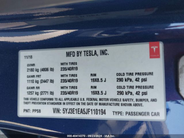 5YJ3E1EA5JF110194 Tesla Model 3 Long Range/mid Range