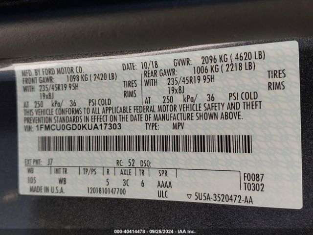 1FMCU0GD0KUA17303 Ford ESCAPE SE