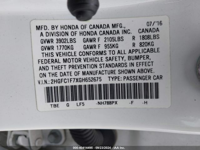 2HGFC1F7XGH652675 Honda Civic Ex-l