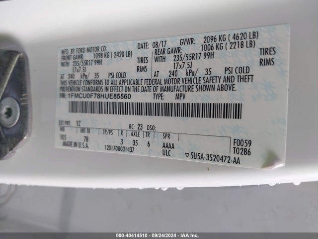 Ford ESCAPE S 2017 1FMCU0F78HUE85560 Image 9