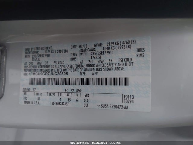 Ford ESCAPE SE 2018 1FMCU9GD7JUC20305 Image 9