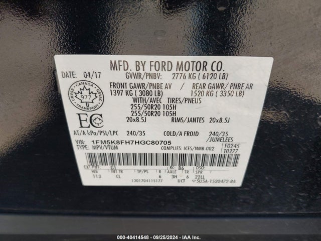 Ford Explorer Limited 2017 1FM5K8FH7HGC80705 Image 9
