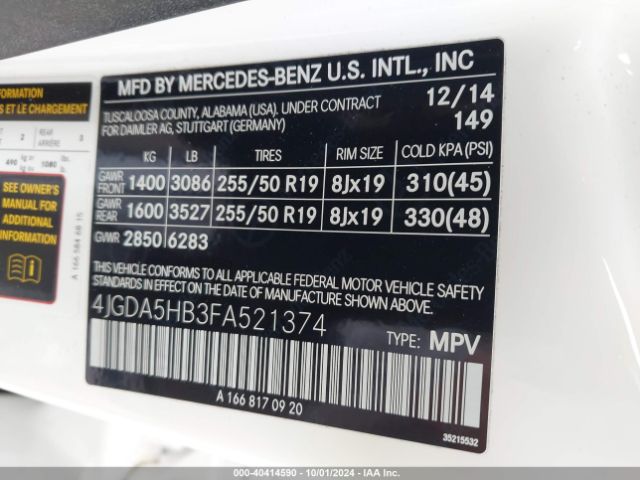 4JGDA5HB3FA521374 Mercedes-Benz Ml 350 4matic
