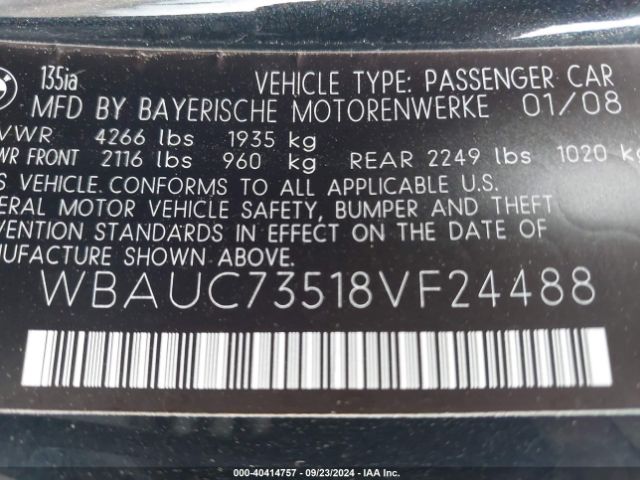 2008 BMW 135I WBAUC73518VF24488 Photo 8