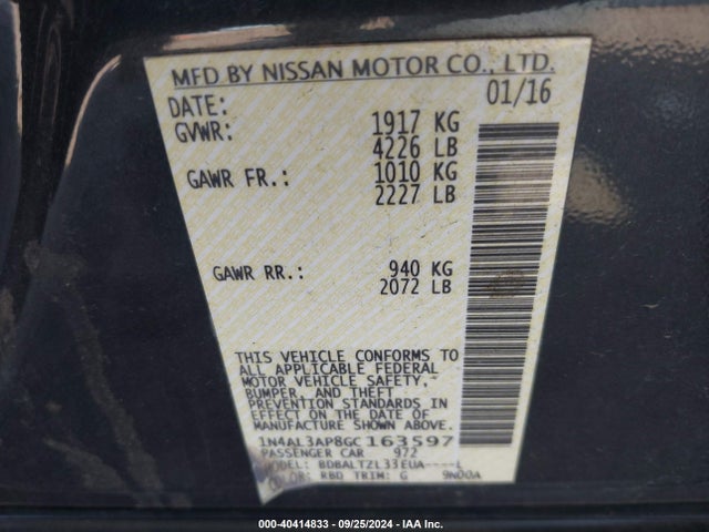 Nissan Altima 2.5 Sl 2016 1N4AL3AP8GC163597 Image 9