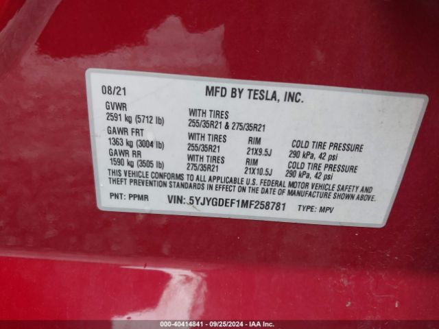 5YJYGDEF1MF258781 Tesla Model Y Performance Dual Motor All-wheel Drive