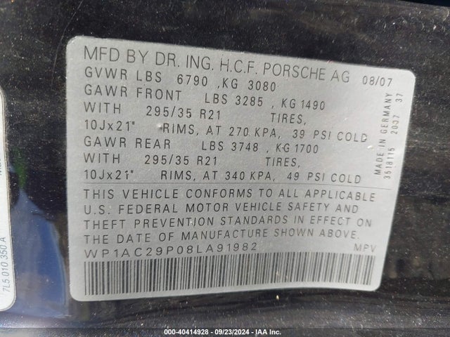 2008 PORSCHE CAYENNE WP1AC29P08LA91982 Photo 8