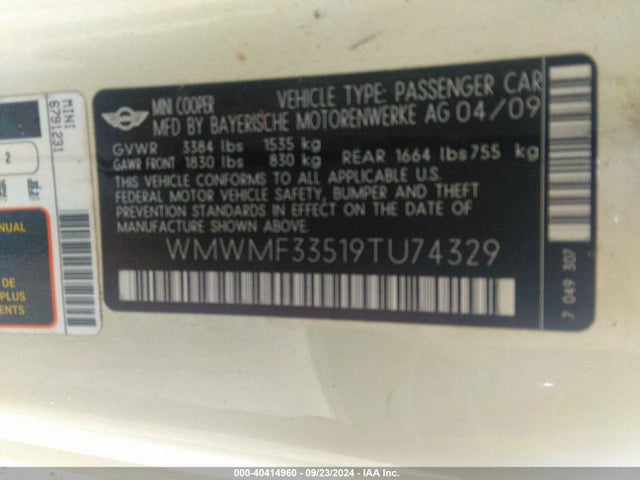2009 MINI COOPER WMWMF33519TU74329 Photo 8