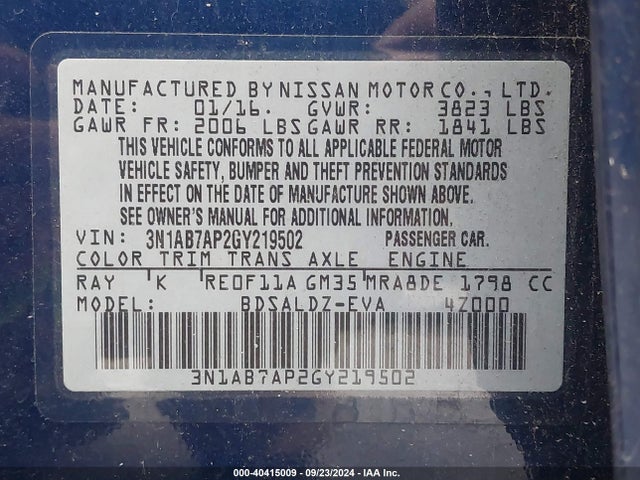 Nissan SENTRA SV 2016 3N1AB7AP2GY219502 Image 9