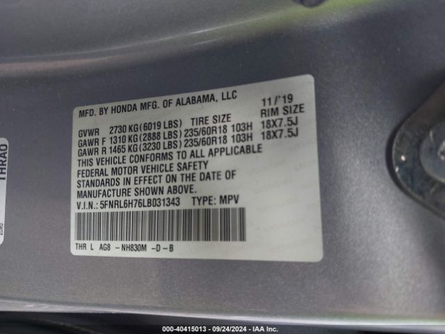5FNRL6H76LB031343 Honda Odyssey Ex-l/ex-l W/navi   Res