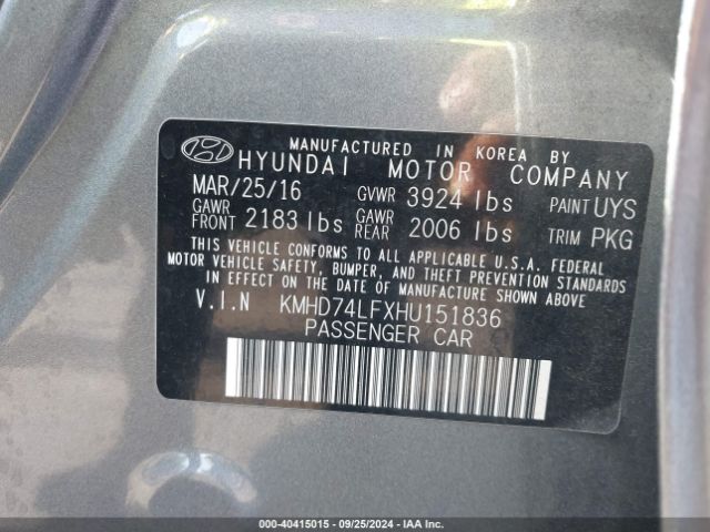 KMHD74LFXHU151836 Hyundai ELANTRA SE