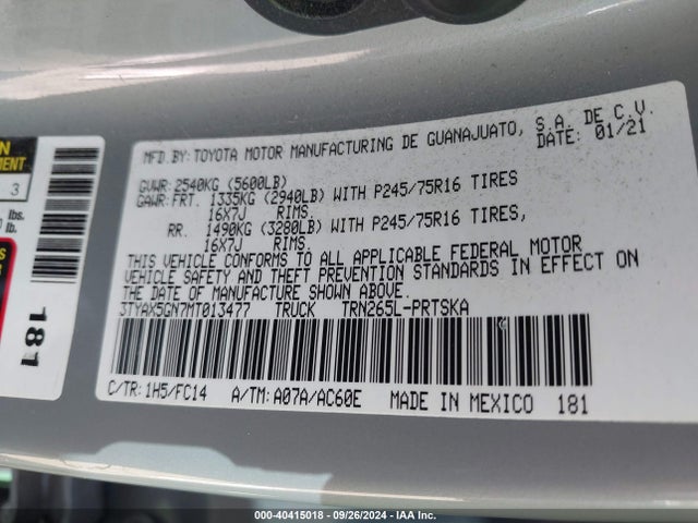 Toyota Tacoma Sr5 2021 3TYAX5GN7MT013477 Image 9
